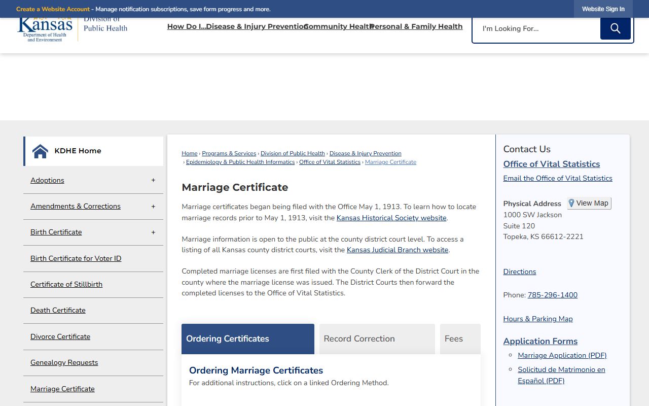 Neosho County marriage records KDHE marriage certificate page