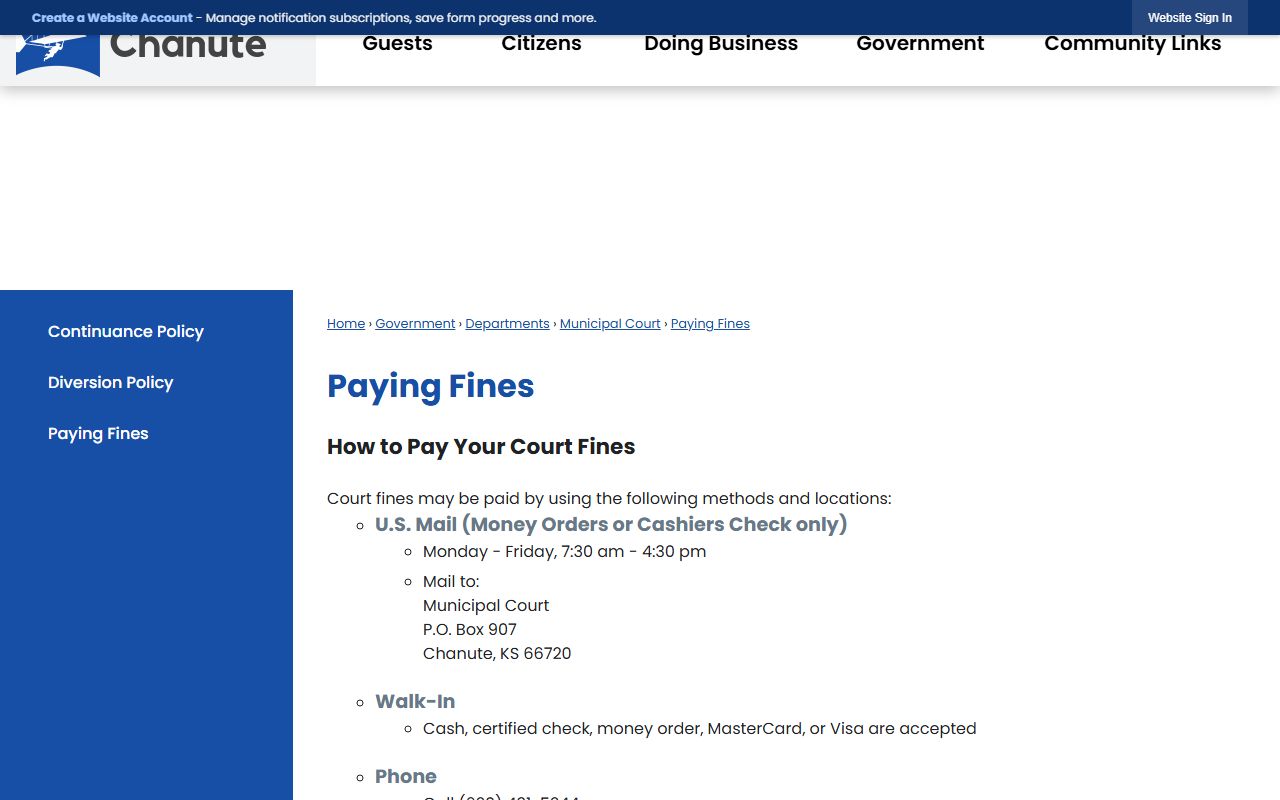 Neosho County traffic court records Chanute fine payment instructions