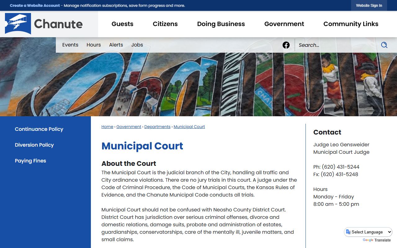Neosho County traffic court records Chanute Municipal Court page